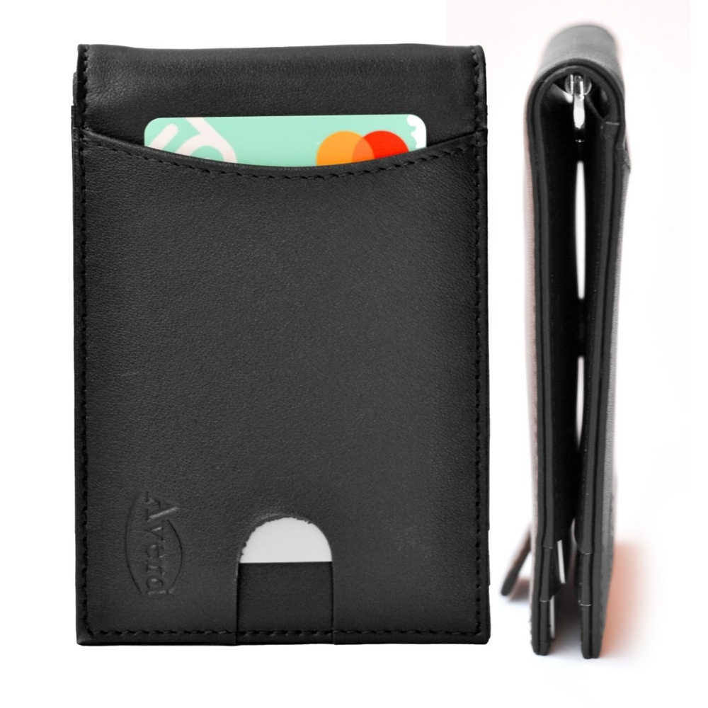 Black leather wallet with money clip and pull strap. New.